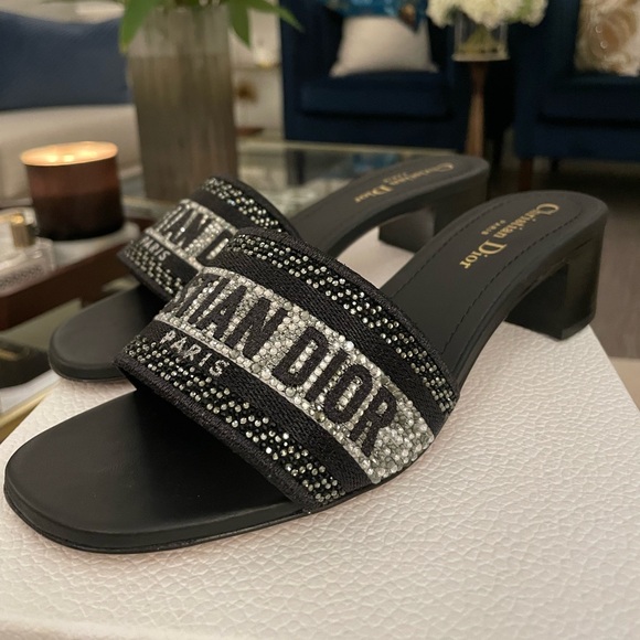 Dway Heeled Slide Black with Metallic Thread and Silver-Tone Strass - Picture 1 of 13